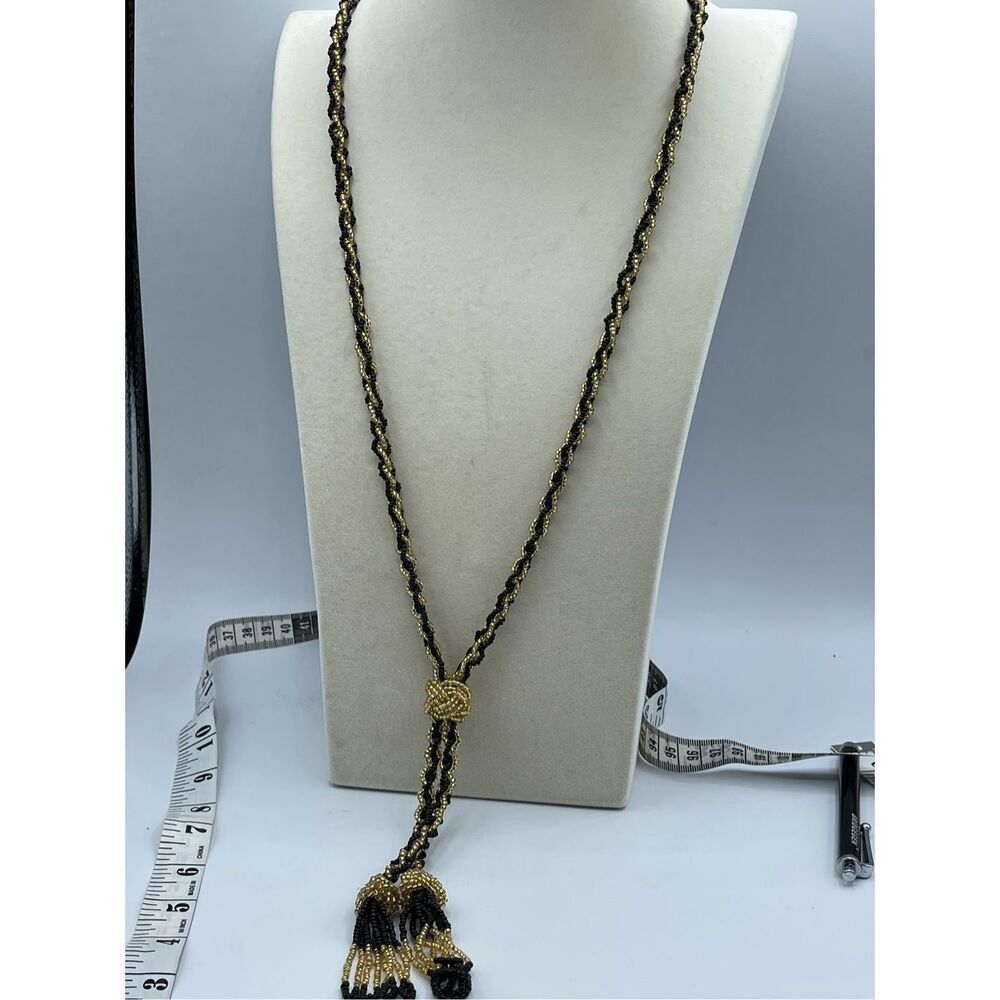 Vintage long seed bead flapper style black n gold necklace - Picture 5 of 11